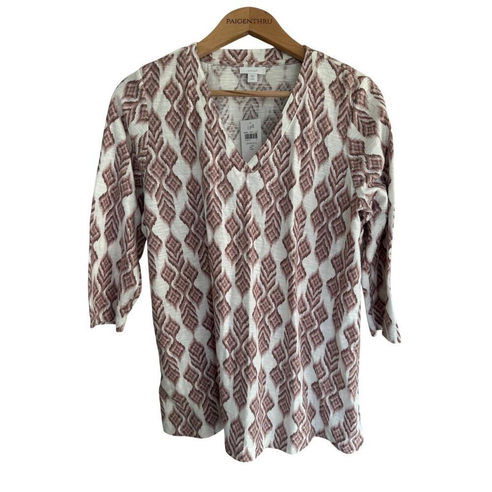 J Jill Pure Jill  Womens LP Brown White Diamond Cotton Top Southwest